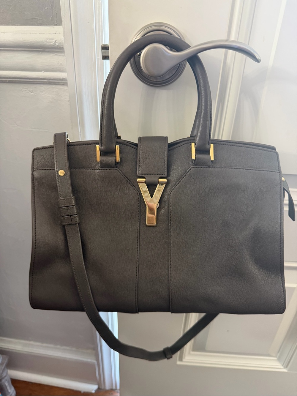 YSL Women's Dark Gray Leather Satchel with Gold Hardware